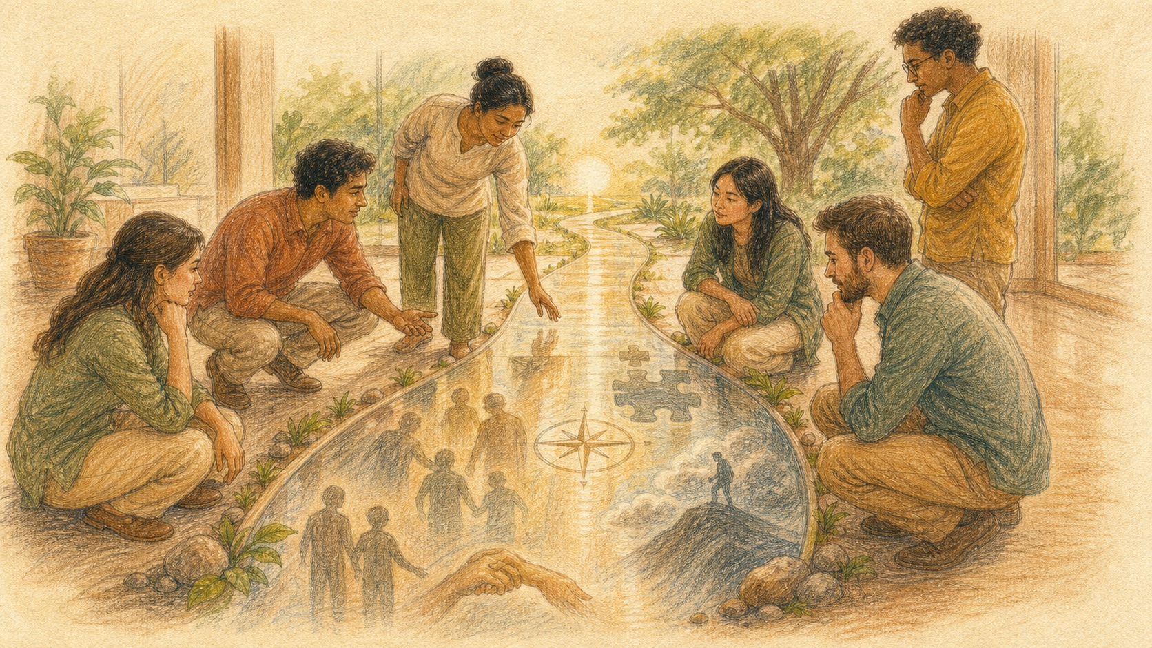 Pencil color story artwork of a group using an activity as a mirror for real human situations