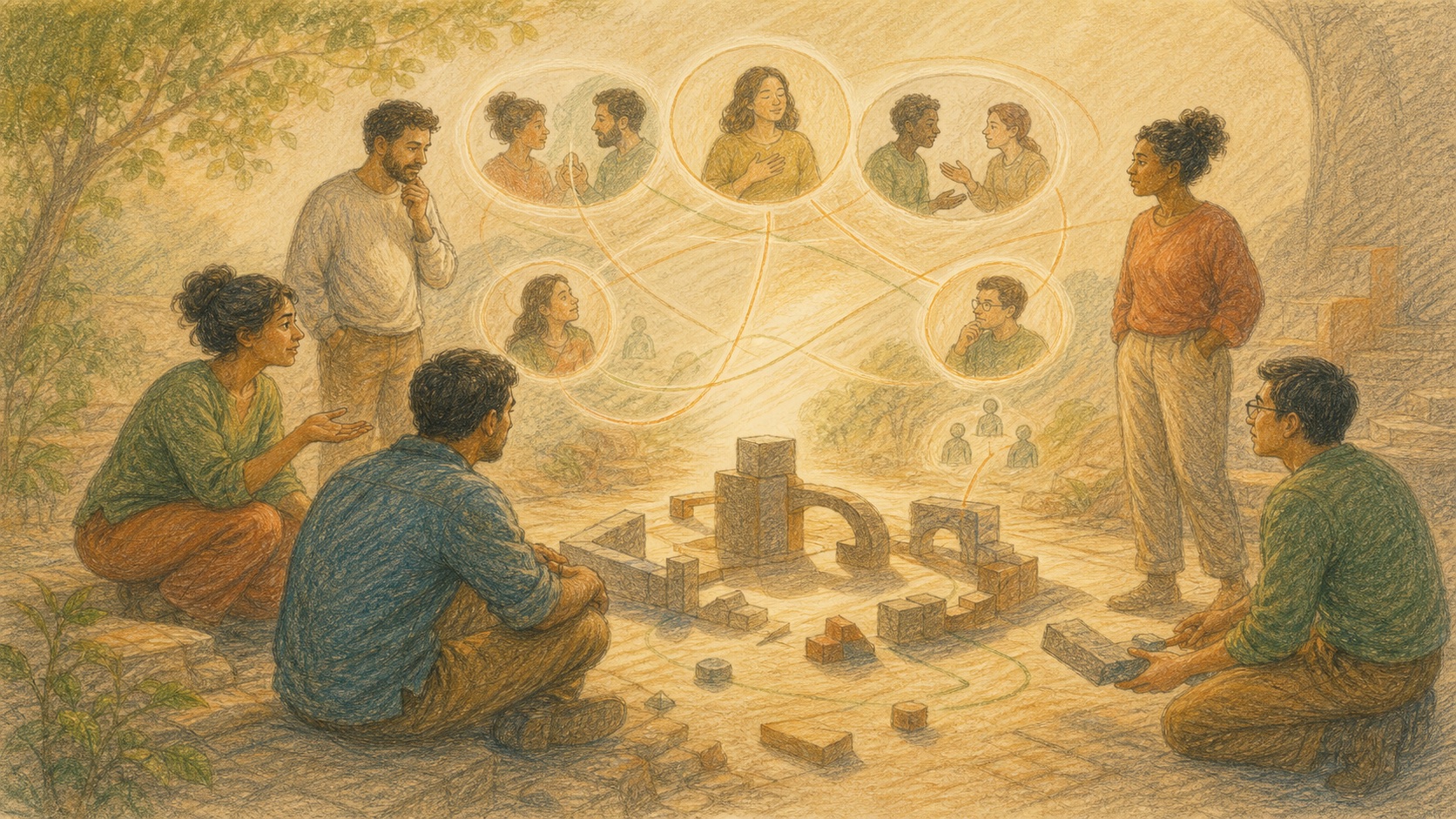 Pencil color story artwork of a team reflecting around an unfinished task