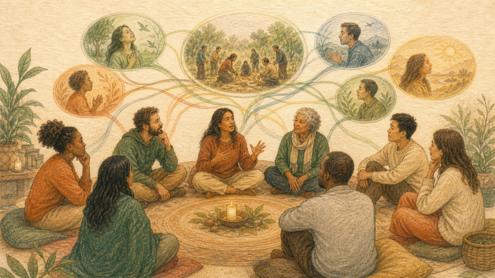 Pencil color story artwork of participants reflecting together after an activity