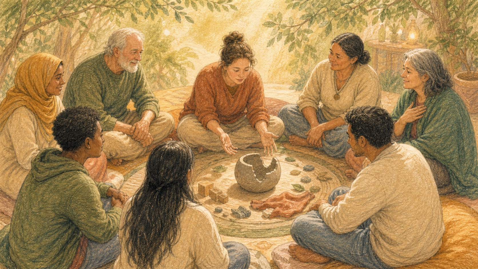 Pencil color story artwork of a safe group space where mistakes are held as learning