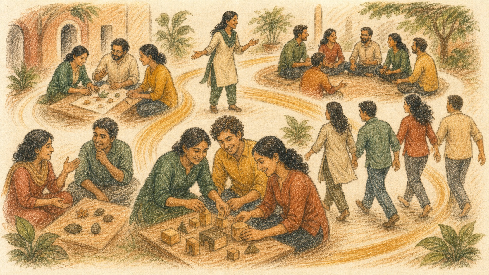 Pencil color story artwork of groups moving through short focused experiential activity arcs