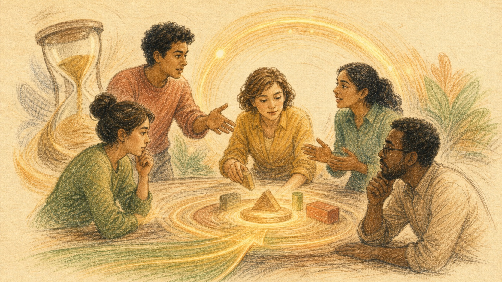 Pencil color story artwork of a team working under gentle time pressure during an activity