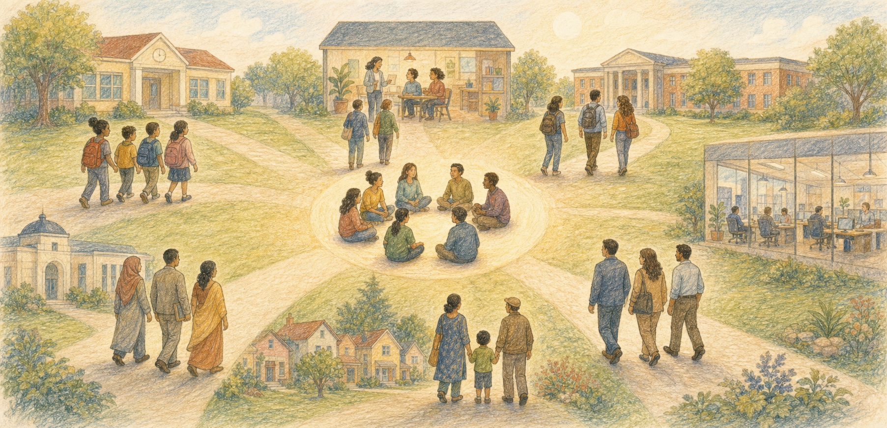 Pencil color story artwork of six audience worlds connected by one shared reflective learning circle