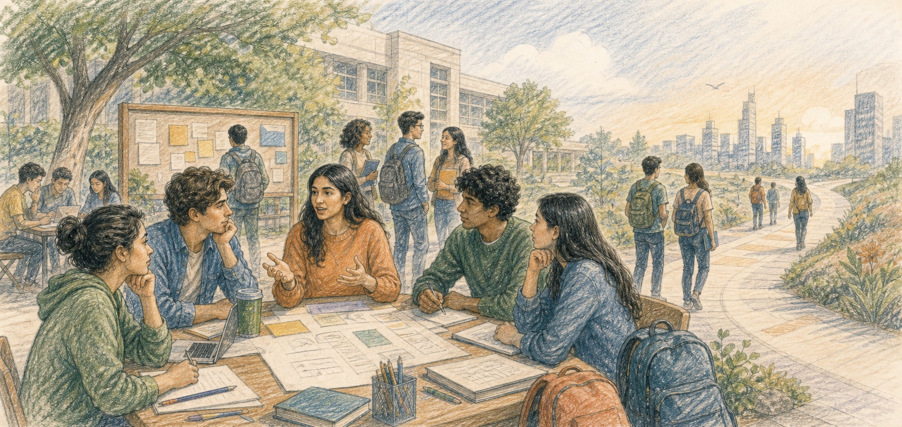 Pencil color story artwork of college students collaborating while moving toward work-life readiness