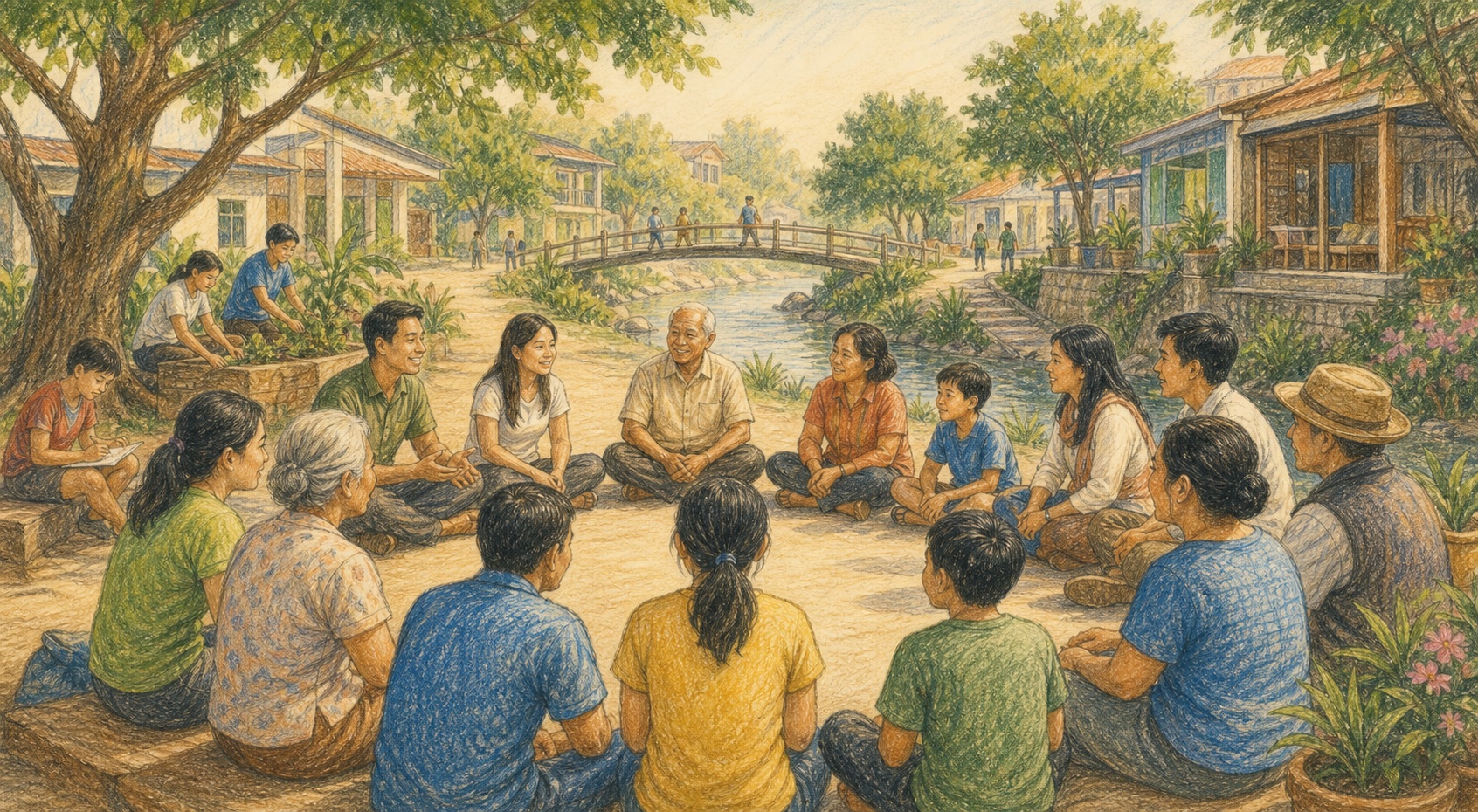 Pencil color story artwork of a community circle building participation, dialogue, and local ownership