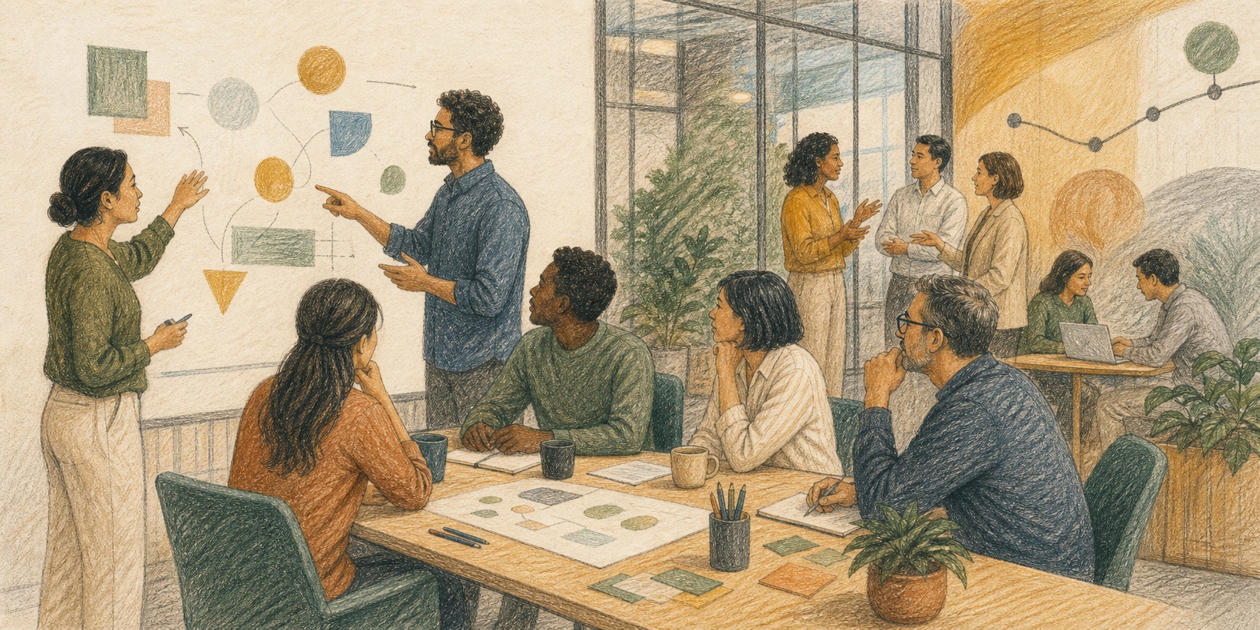 Pencil color story artwork of a workplace team building trust and communication under pressure