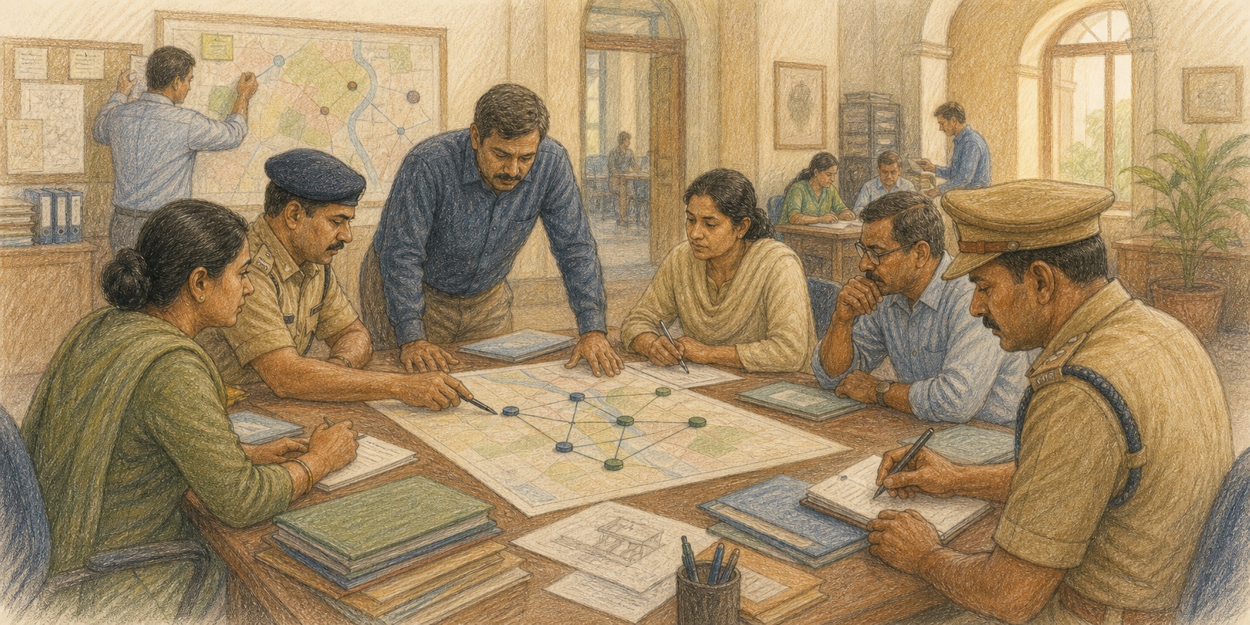 Pencil color story artwork of public-service teams coordinating with seriousness and human awareness