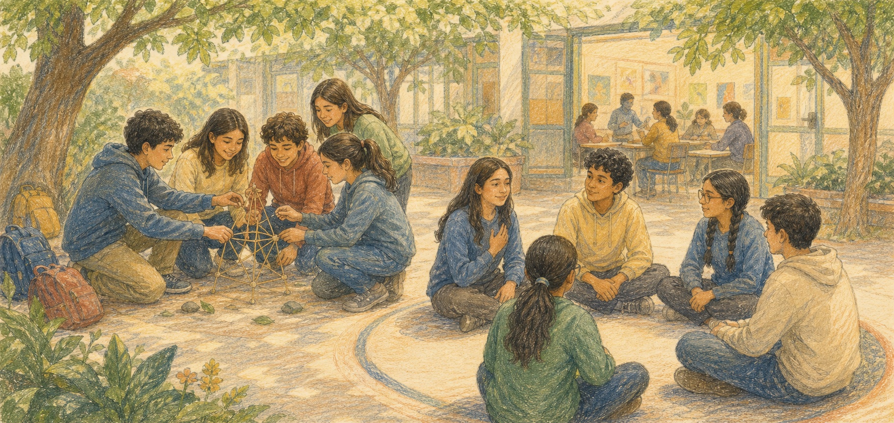 Pencil color story artwork of school students collaborating and reflecting in a safe courtyard