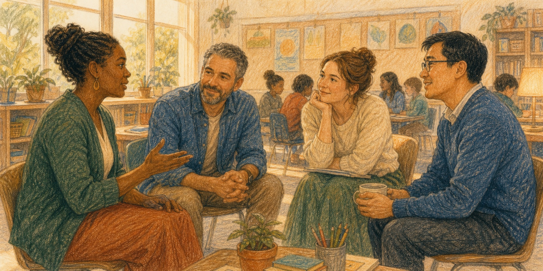Pencil color story artwork of teachers reflecting together in a warm classroom