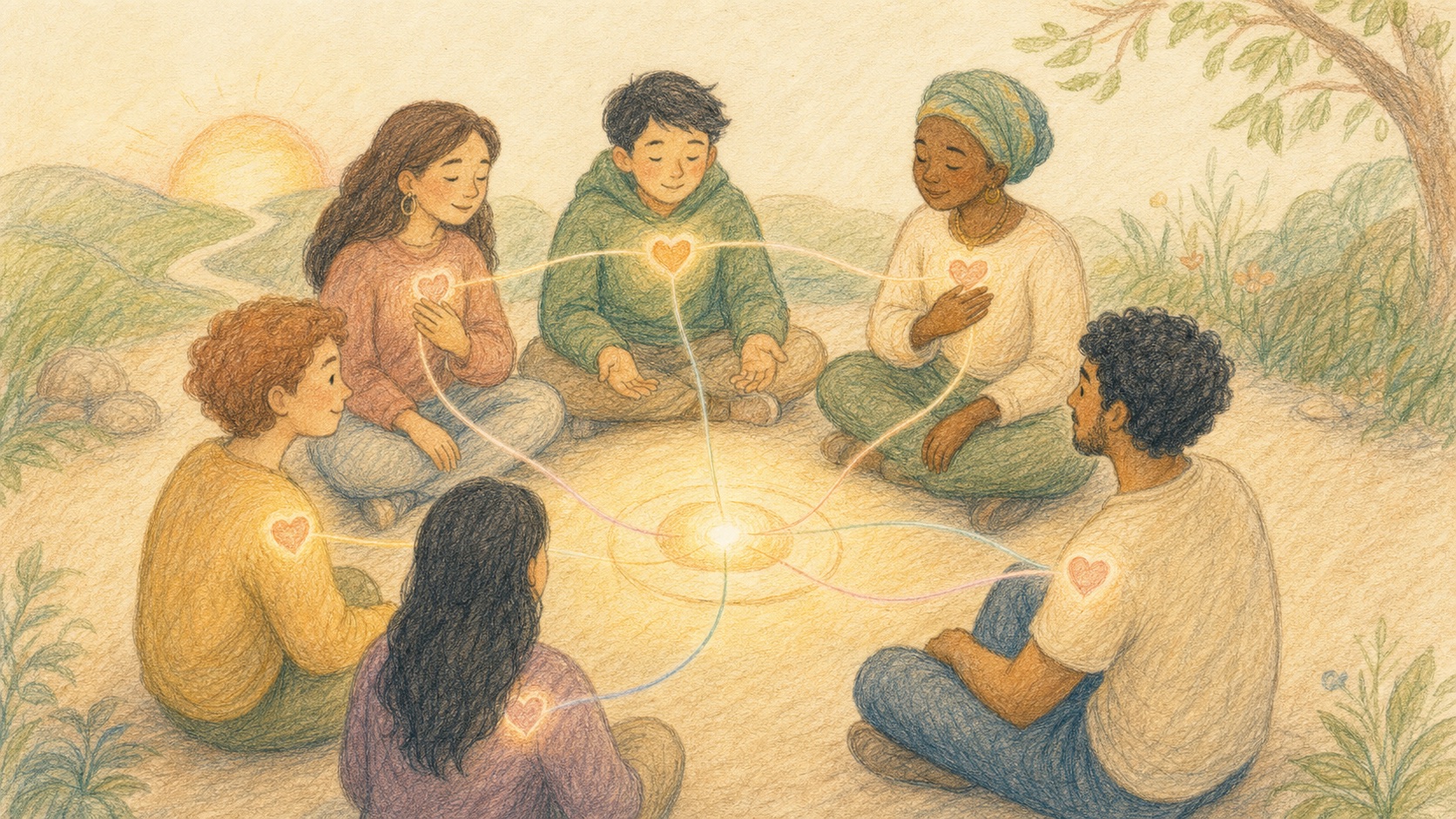 Pencil color story artwork of people gathering around a shared objective as light opens in the center