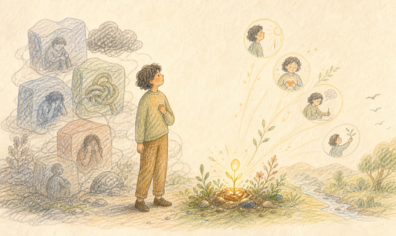 Pencil color story artwork of a person observing inner blocks, emotions, and paths opening forward