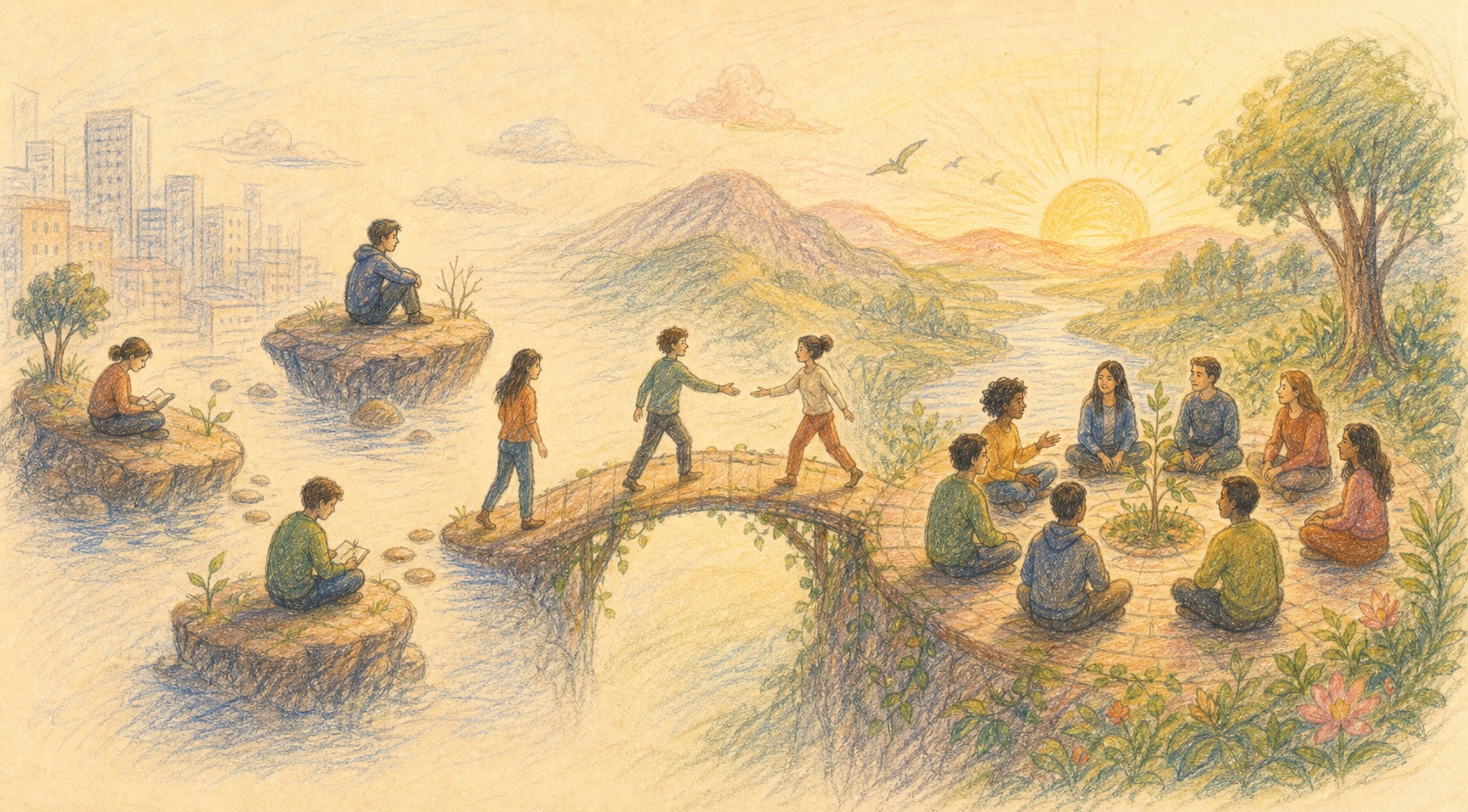 Pencil color story artwork of people moving from isolated islands toward a shared learning bridge