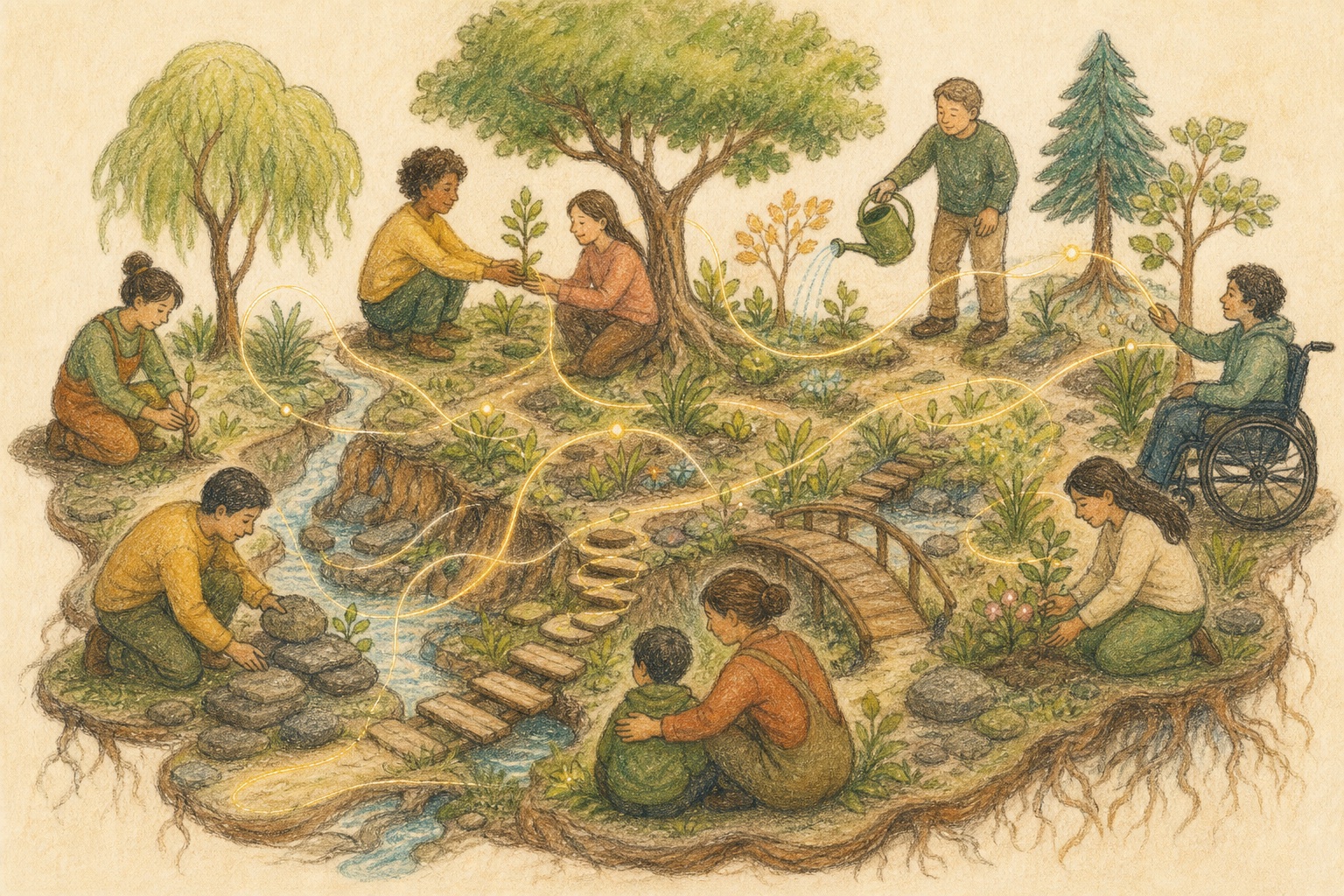 Pencil color story artwork of a team ecosystem growing through roots, bridges, and shared movement