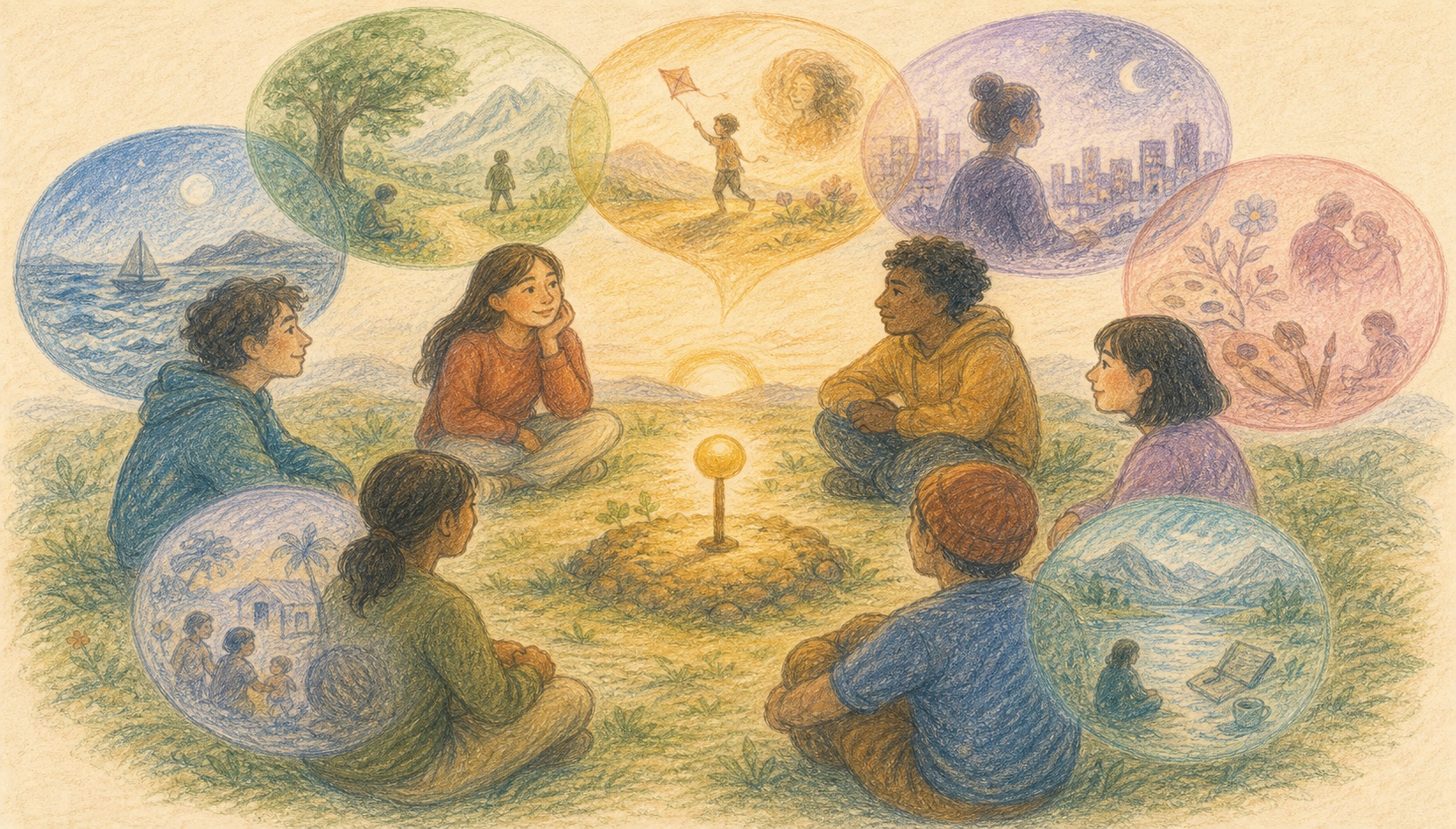 Pencil color story artwork of different inner worlds meeting around one shared team objective