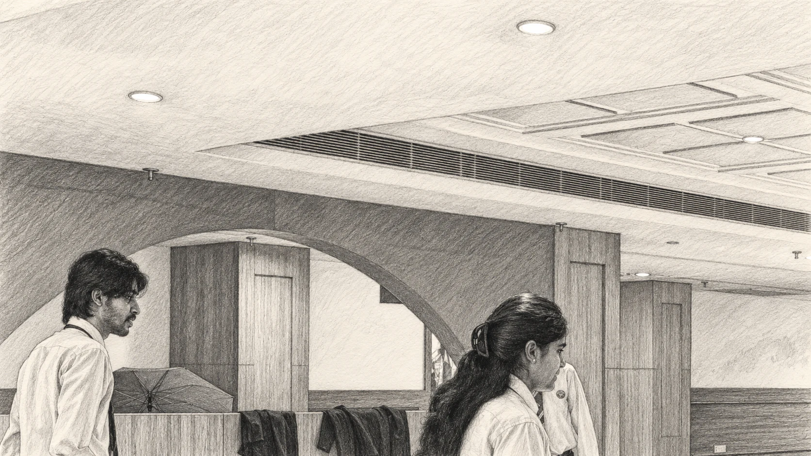 Pencil sketch of participants taking part in a collaborative experiential-learning activity