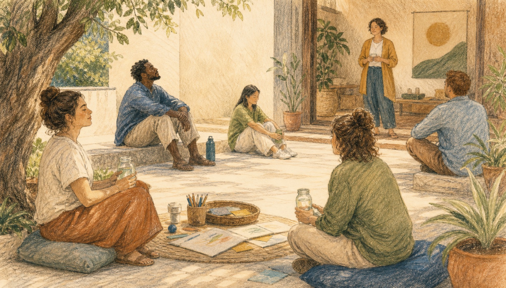 Pencil color story artwork of participants taking a quiet break after an experiential activity