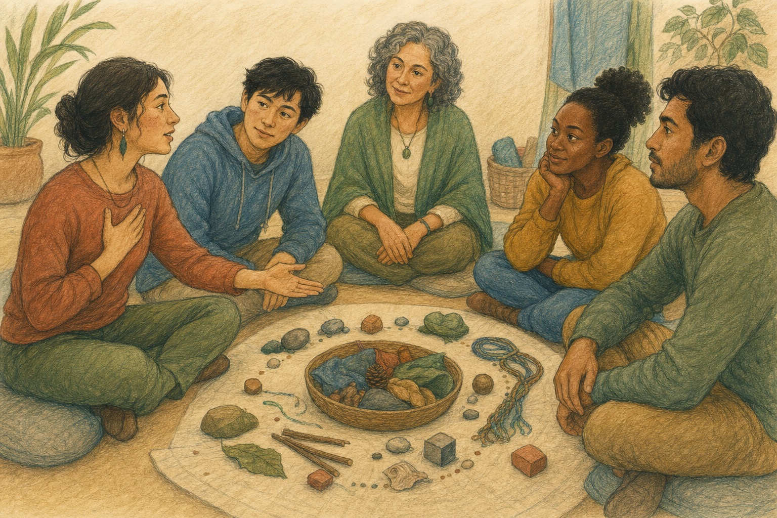 Pencil color story artwork of a group connecting emotional experience to behavior and impact