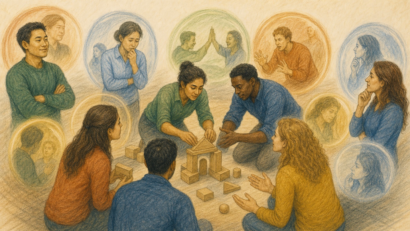 Pencil color story artwork of participants noticing different emotions and patterns during a shared activity