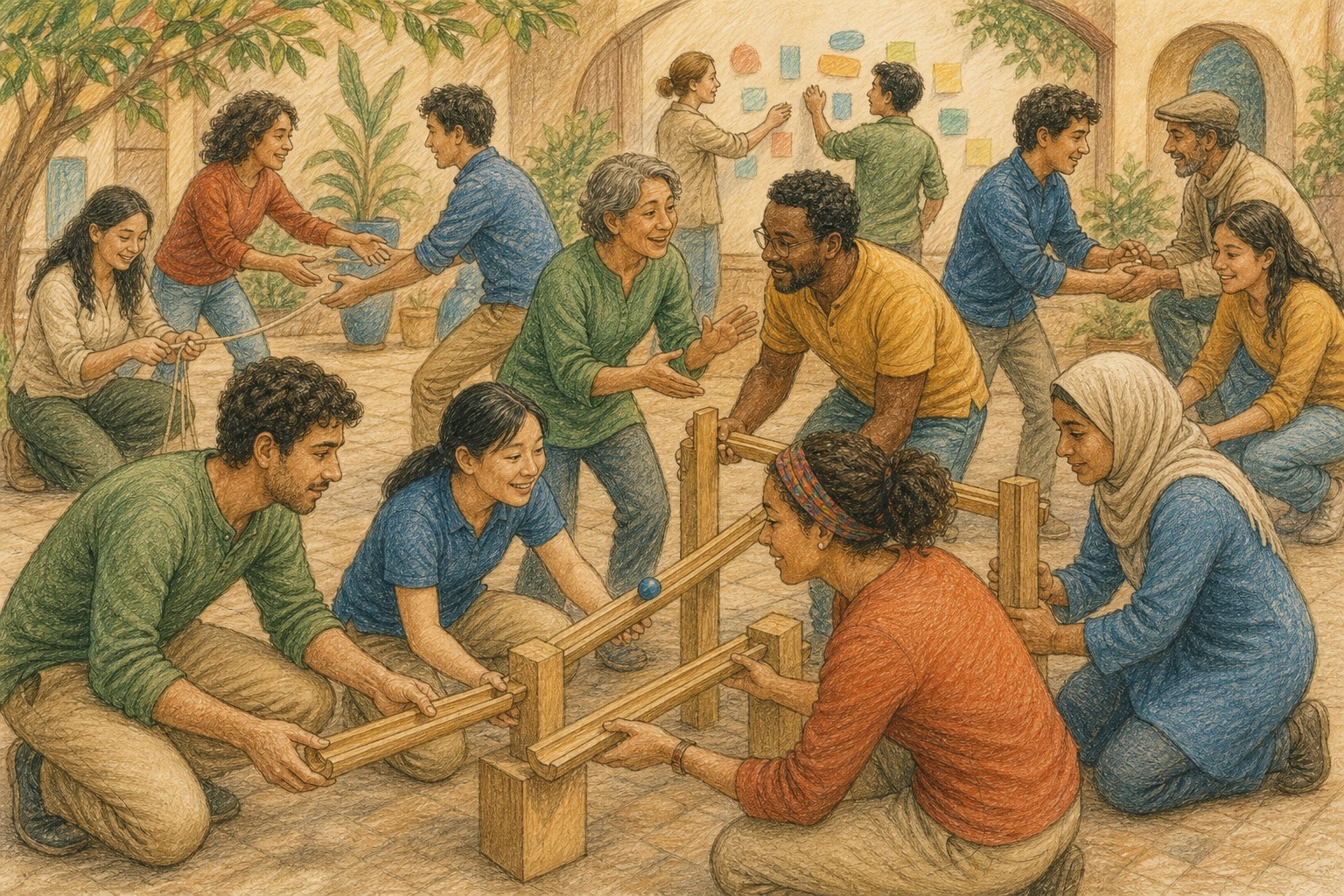 Pencil color story artwork of participants actively cooperating in an experiential learning challenge