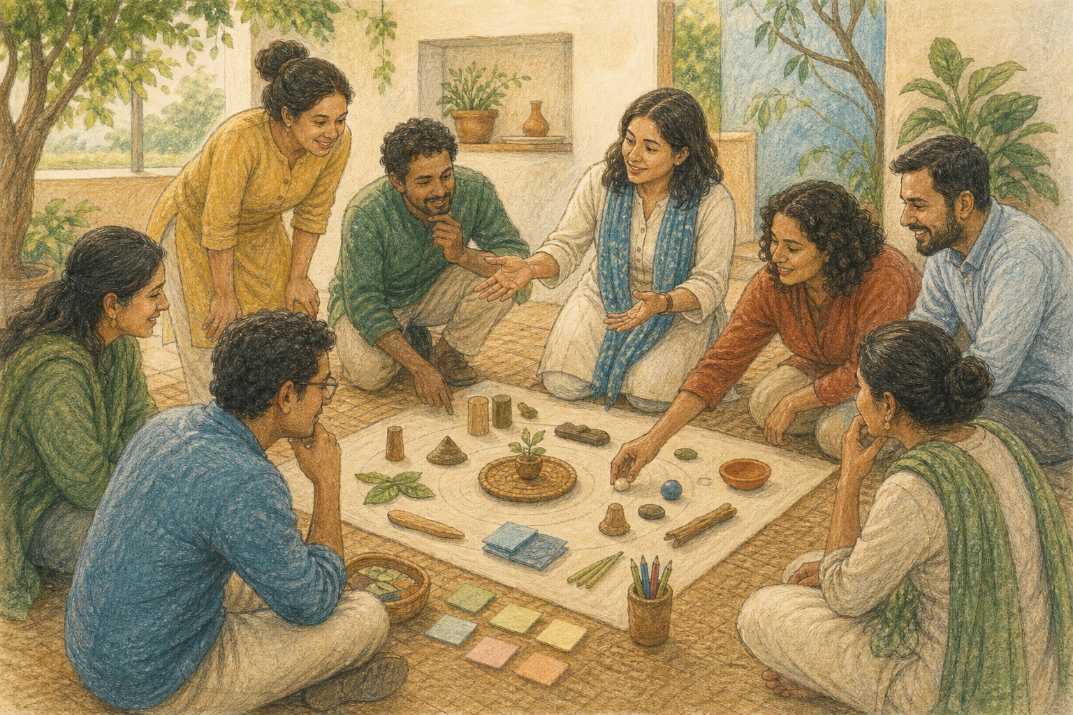 Pencil color story artwork of participants co-creating the activity flow around simple shared materials