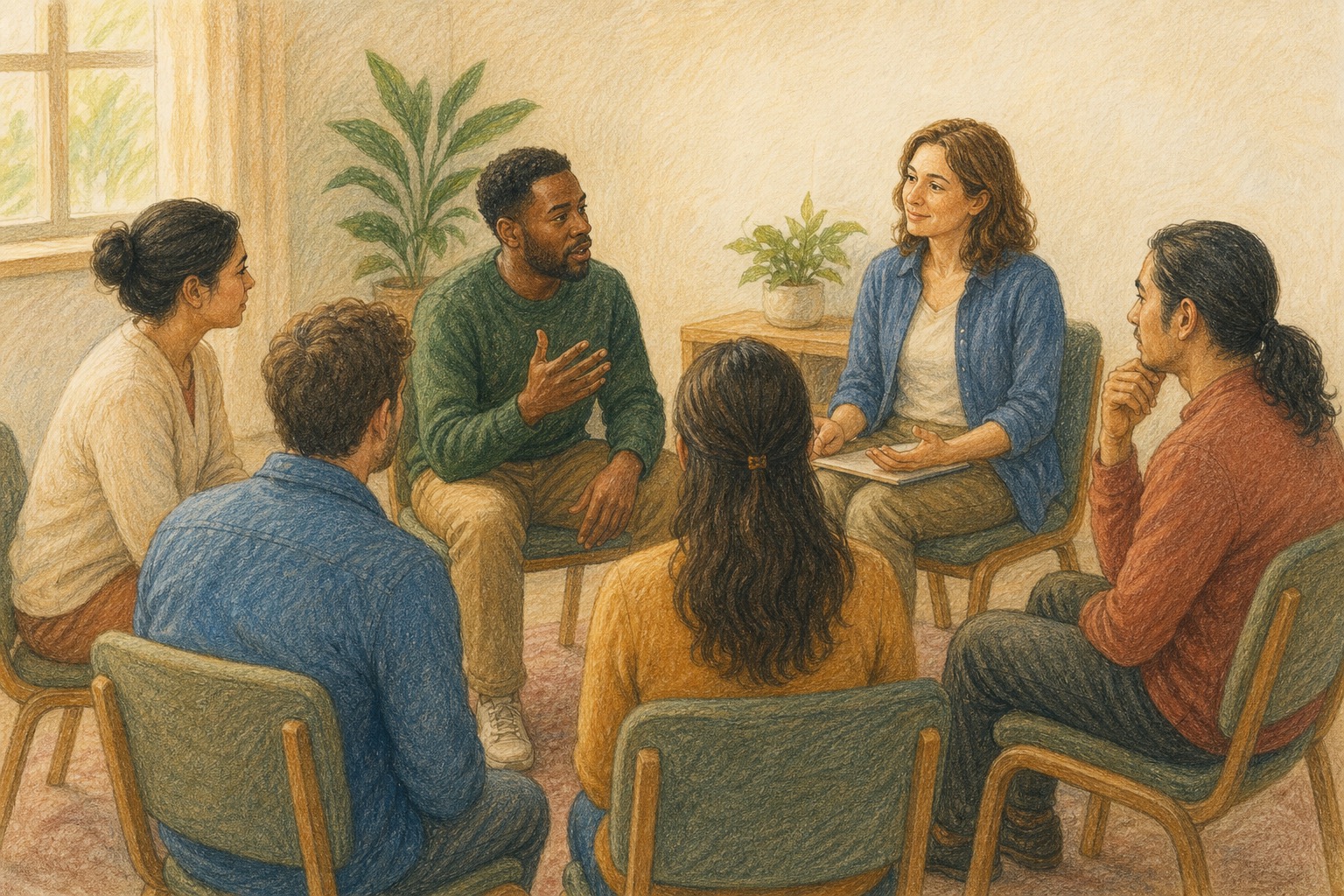 Pencil color story artwork of participants beginning a safe reflection circle after an activity