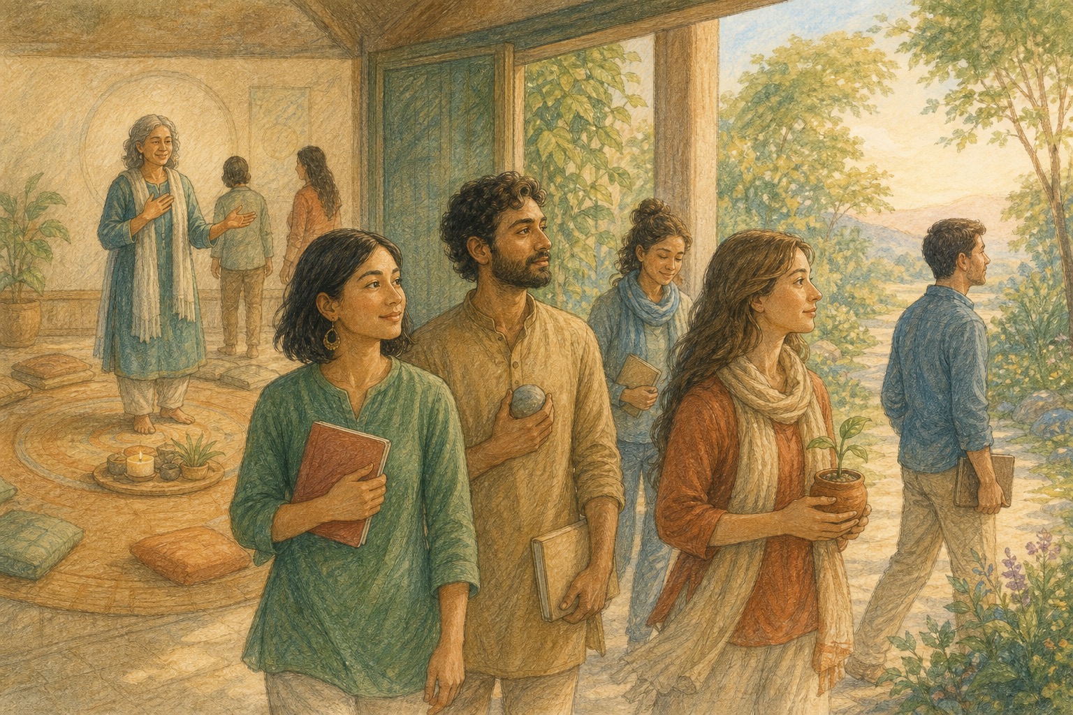 Pencil color story artwork of participants carrying quiet personal takeaways after a reflective session