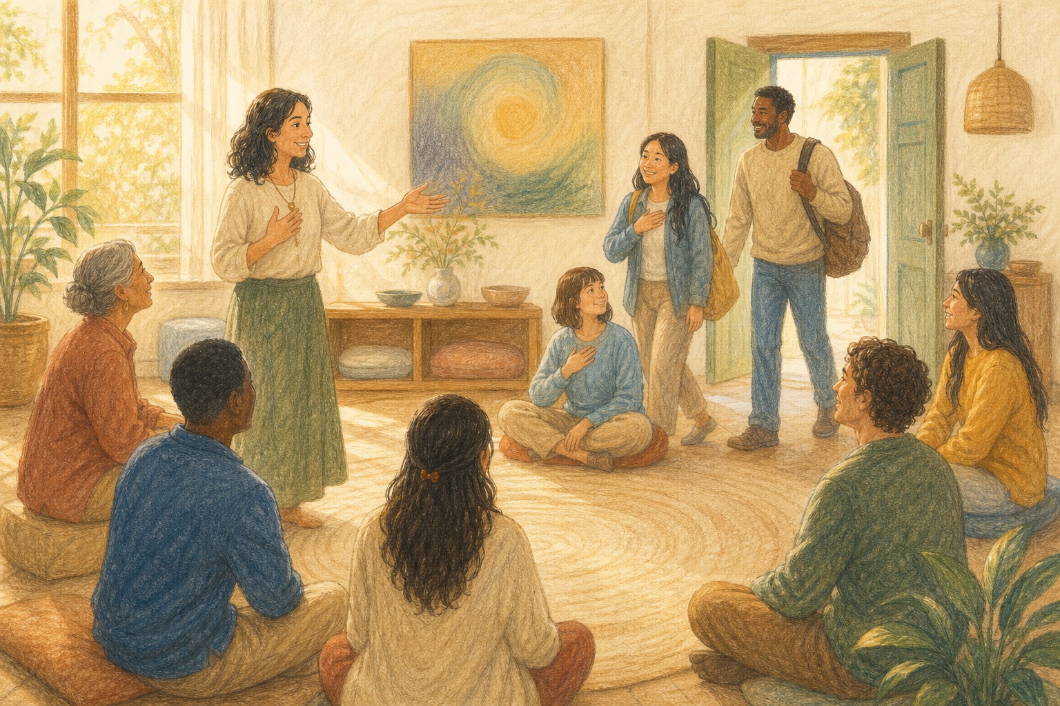 Pencil color story artwork of a facilitator warmly welcoming participants into a safe learning circle