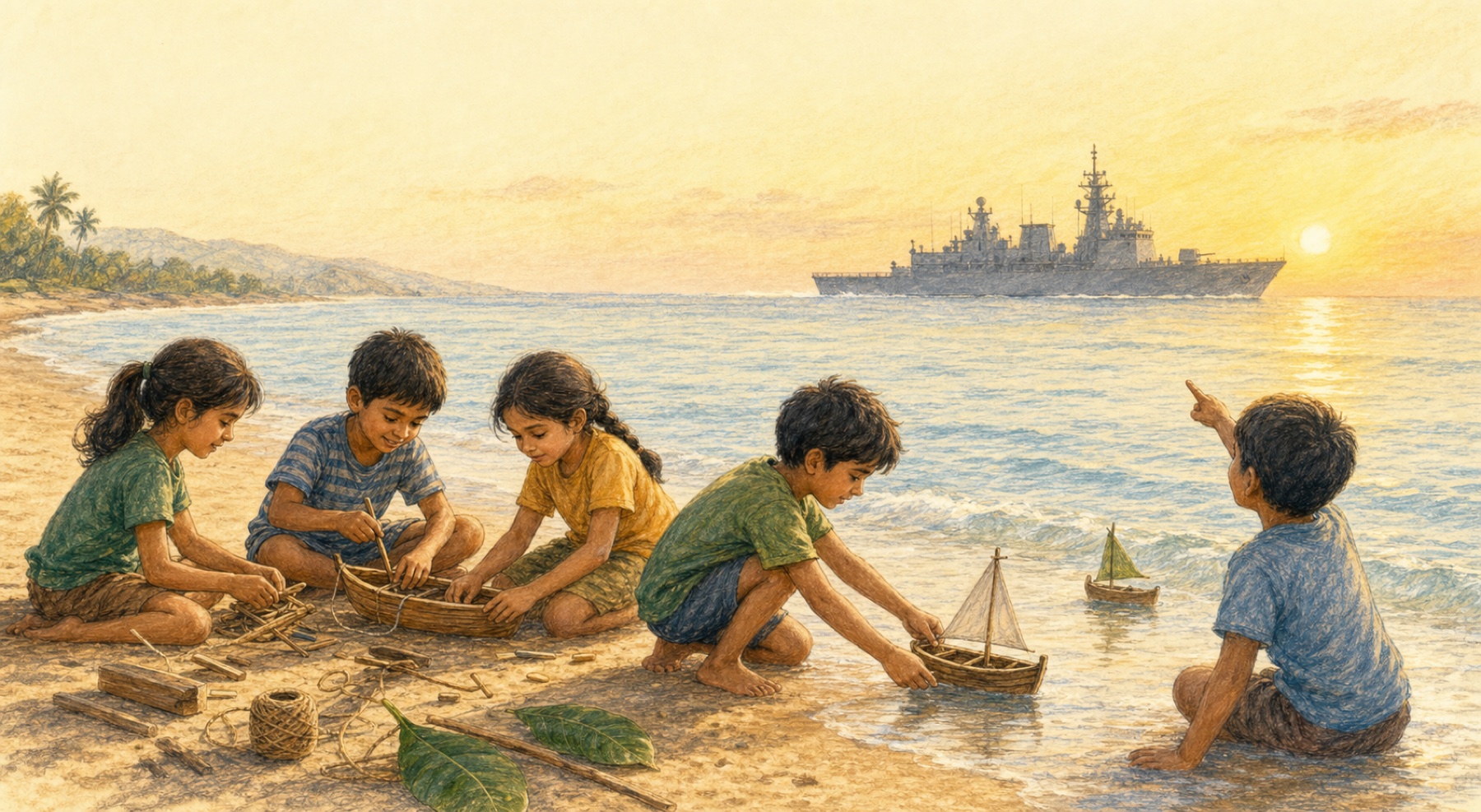 Colored-pencil illustration of five children building small wooden boats on a beach while a naval ship moves across the distant sunrise sea.