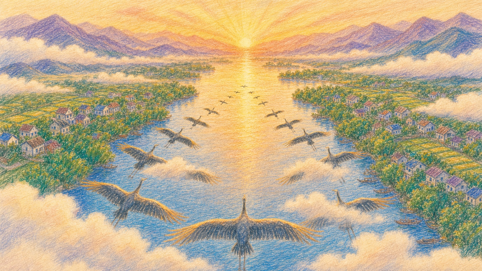 Colored-pencil artwork of birds in a wide inverted V formation flying over a river toward sunrise, with clouds hiding parts of some wings.