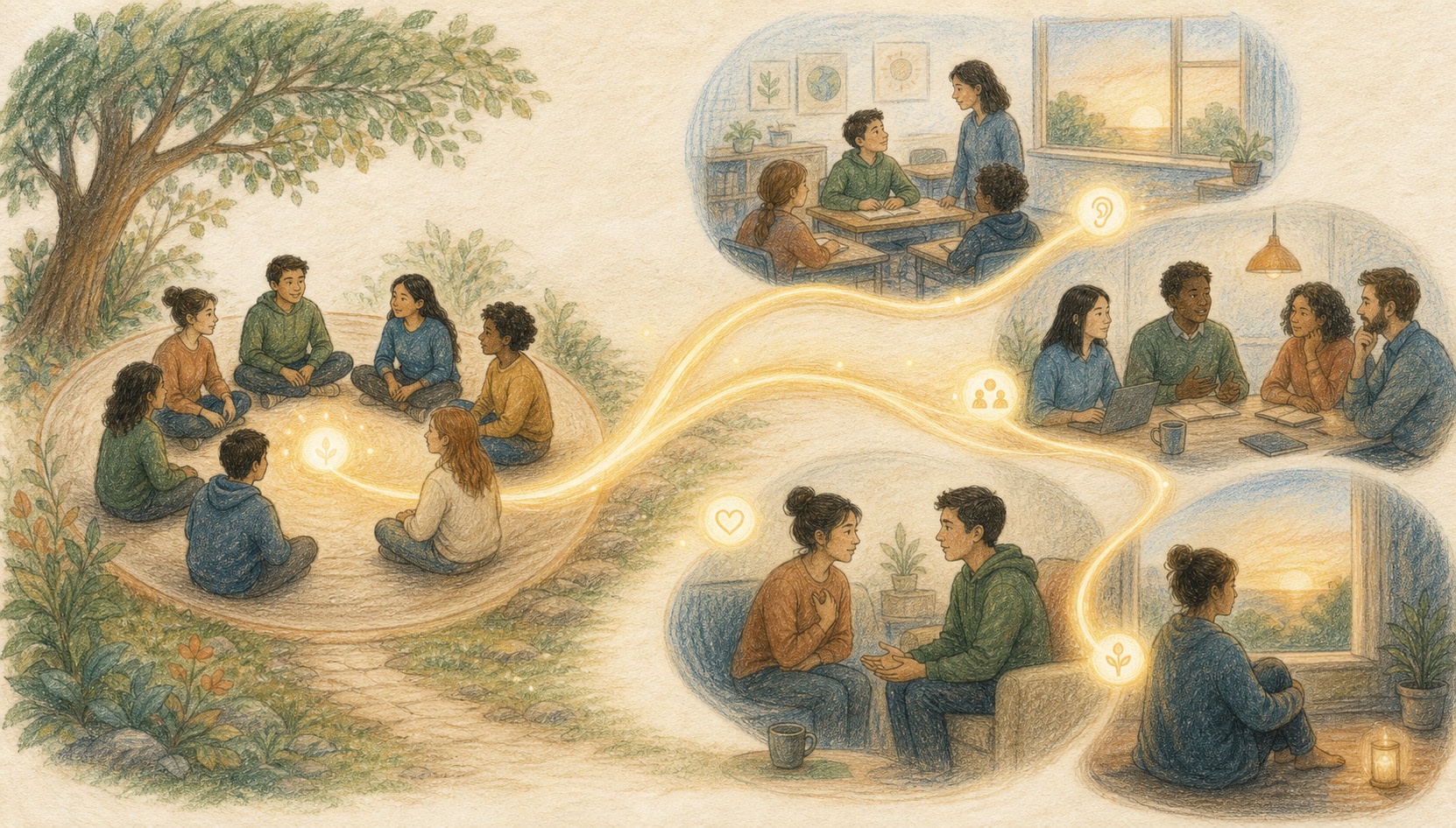Pencil colour story artwork of awareness travelling from a session into classrooms, meetings, and life