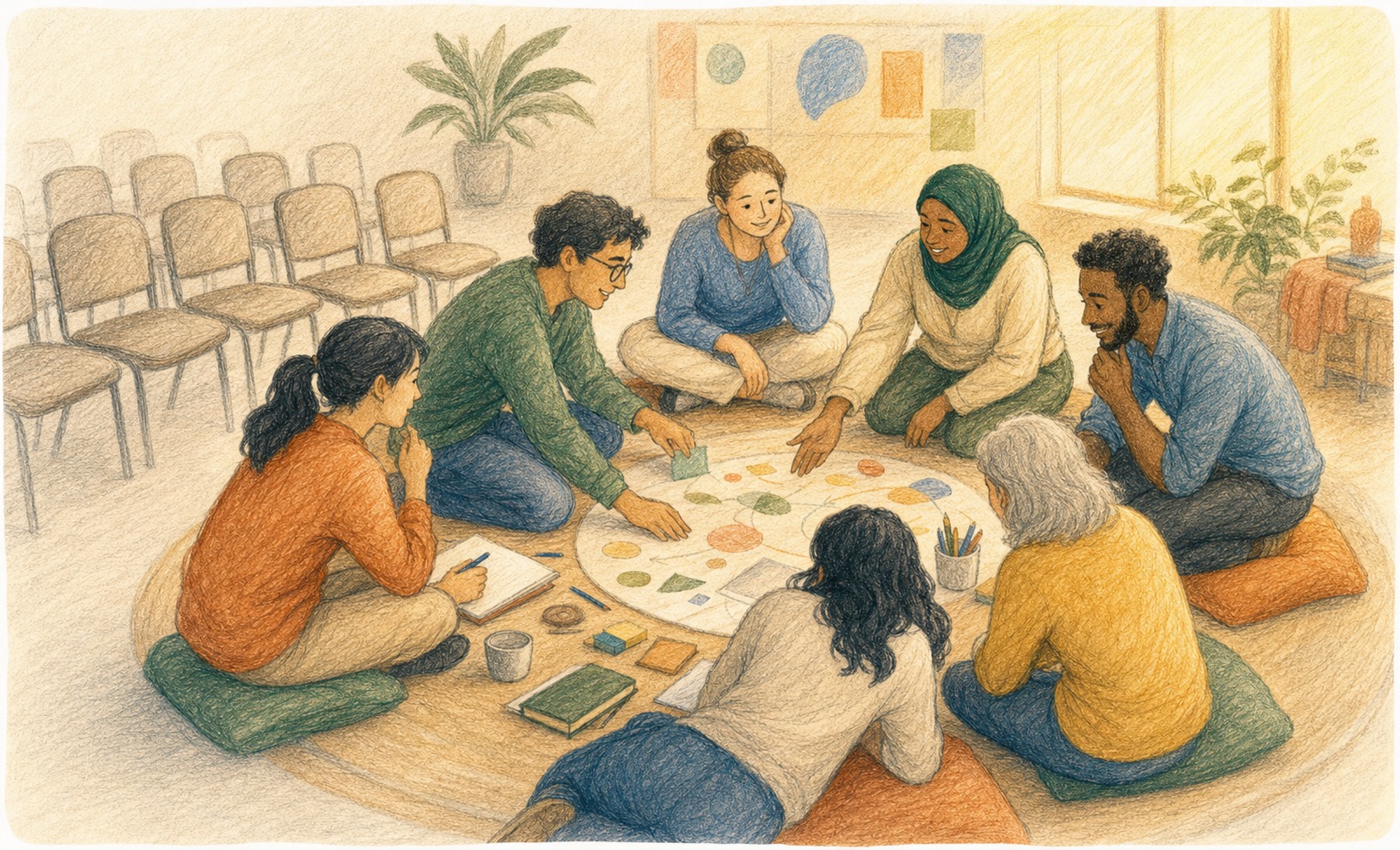 Pencil colour story artwork of participants moving from passive chairs into a shared activity circle