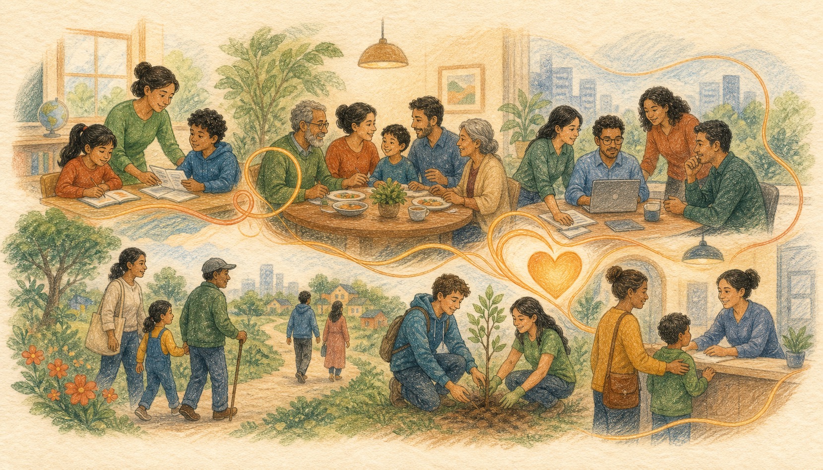 Pencil colour story artwork of classrooms, families, teams, and communities connected by empathy