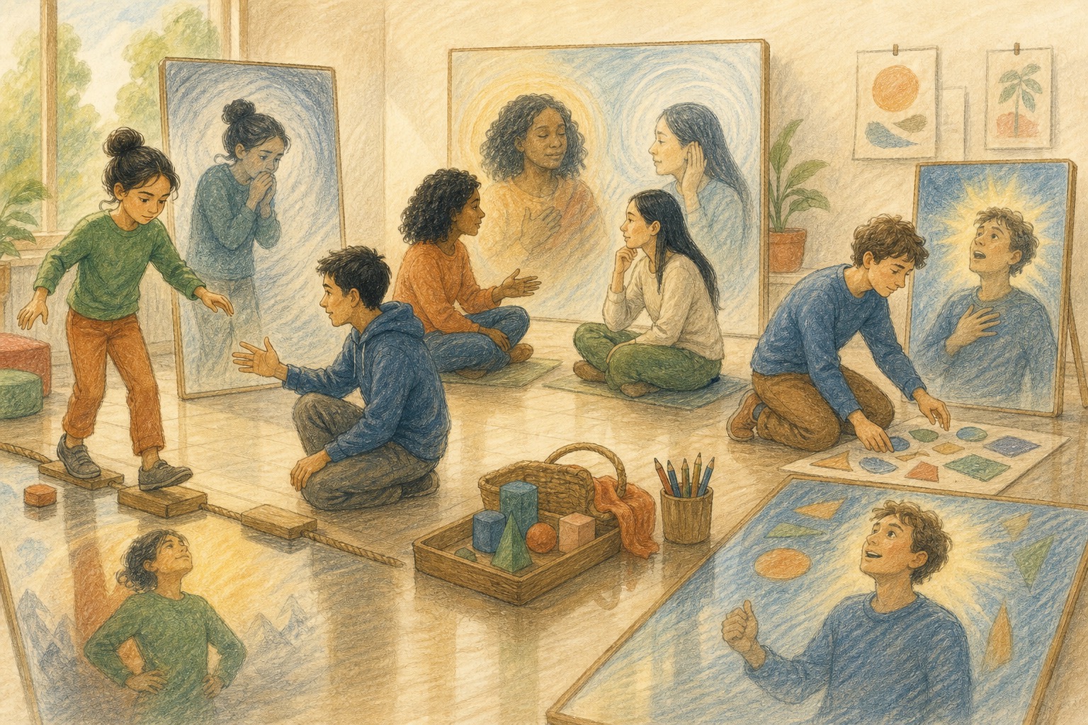 Pencil colour story artwork of participants seeing inner responses through experiential reflection
