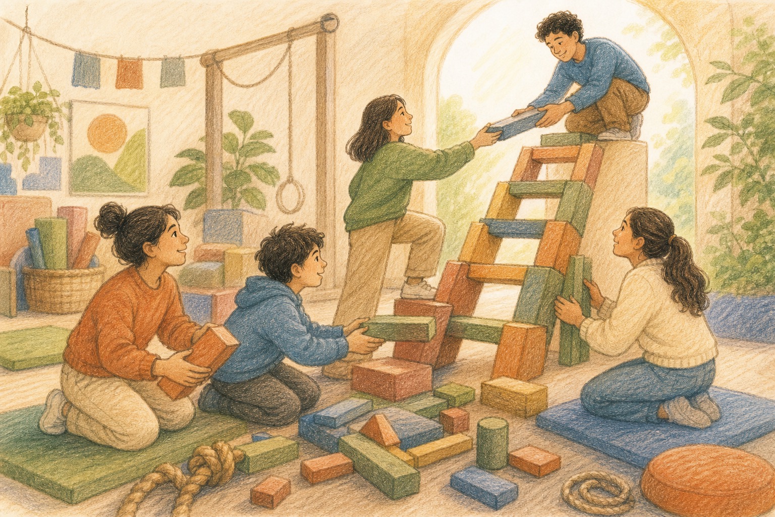 Pencil colour story artwork of participants turning fallen blocks into a ladder of growth