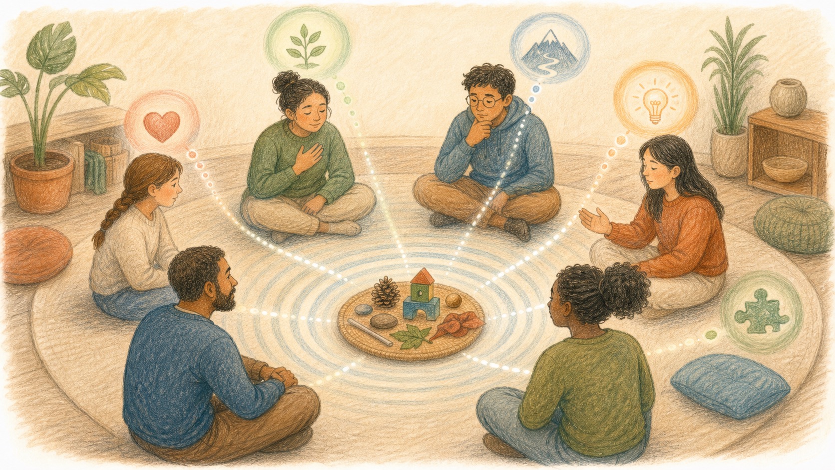 Pencil colour story artwork of a reflection circle turning an activity into insight