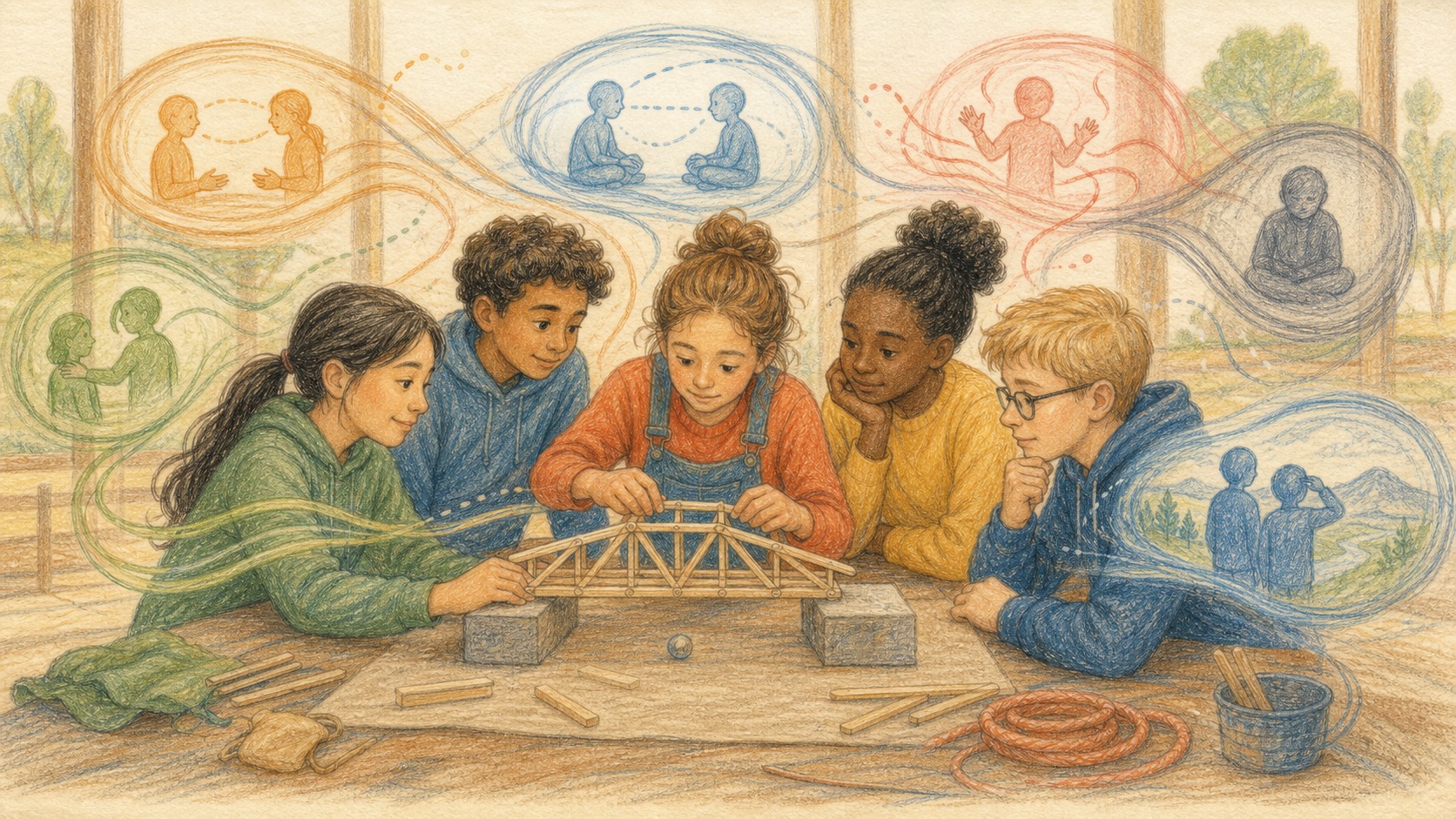 Pencil colour story artwork of a team working on a shared objective while hidden patterns become visible